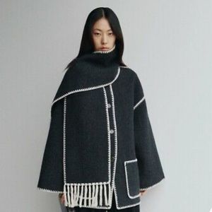 TOTEME Single-Breasted Tassle Scarf Wool Scarf coat- dark grey